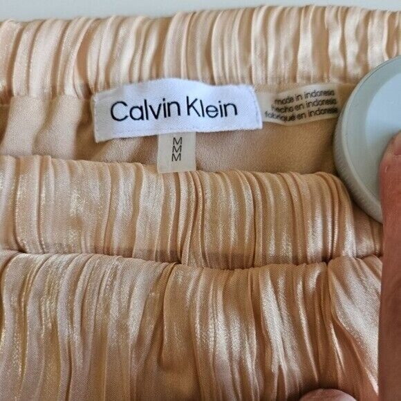 Calvin Klein Skirt Womens M Metallic Gold Shimmery Crinkle Pleated Midi Pull On - Picture 3 of 15